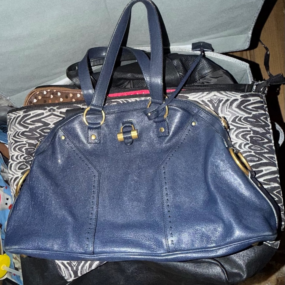 Authentic Vintage Elegant navy blue YSL Leather Tote Bag